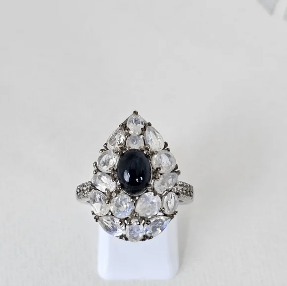 Natural Blue Star Sapphire & Moonstone Ring Platinum Sterling Silver Sz 8! - Picture 4 of 7